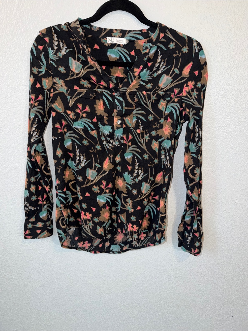 Carve Design  Floral Long-Sleeve Henley Top - Black with Pink & Teal Floral